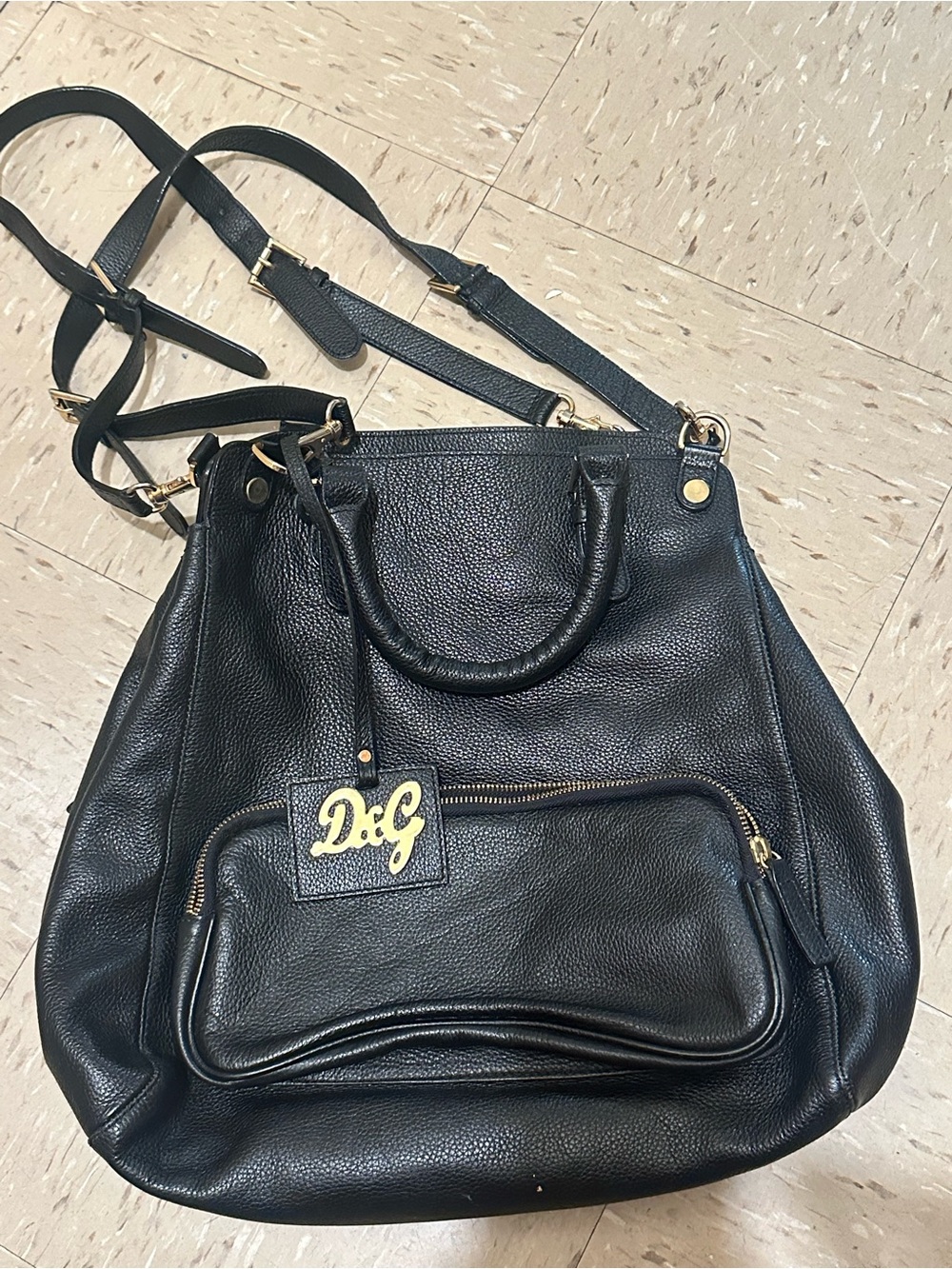 D&G dolce Gabbana Black Pebbled Leather Shoulder Bag with Gold Hardware
